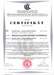 Certifikát - Betonový prvek zahradní architektury